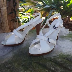 41.5/(10-10.5) Luxury Heeled White Leather Sandals by Bally (EUC)!